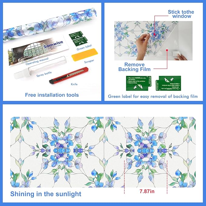 Window Privacy Film Stained Glass Decorative Window Tint for Home Room Decor Static Cling Frosted Window Film Blackout Bathroom Bedroom Car Renter Friendly (Blue&Purple Hydrangea Flower)