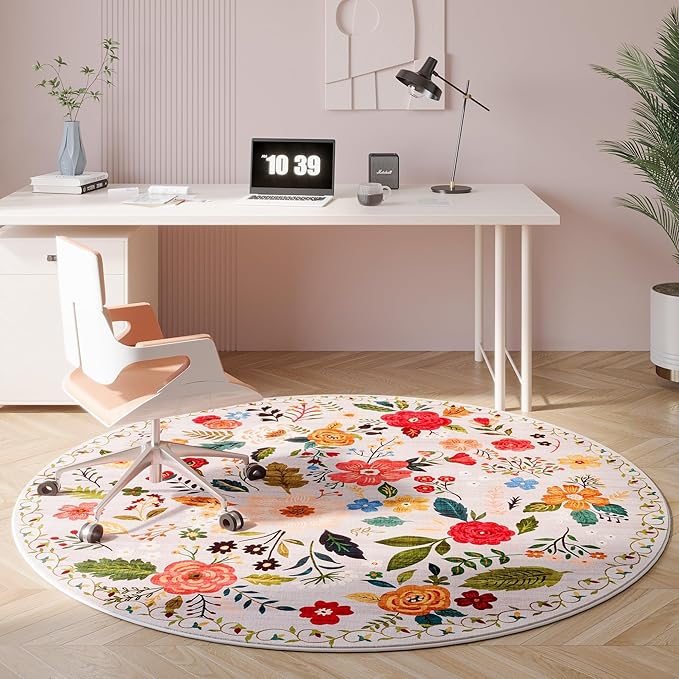 Round Rug 6ft Washable Circle Rug Non Slip Low Pile Boho Floral Small Circular Rug for Bedroom, Bathroom, Entryway, Kids Room, Office, College Dorm(Beige)