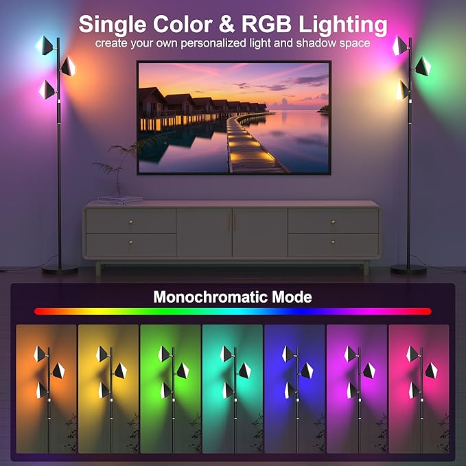 PARTPHONER RGB Tree Floor Lamp for Living Room, Stepless Dimmable Tall Standing Lamp with Remote, Touch Control and 3 Rotatable Light, Bright LED Lights for Bedroom with 4 Color-Changing, Black
