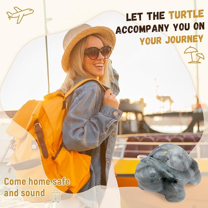 QINJIEJIE Moonstone Crystal Travel Turtle Figurines for Travelers Best Travel Gifts for Women Men Healing Crystals Sea Turtle Lovers Office Desk Decor Good Luck Gifts for Traveling Abroad