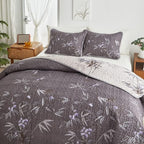 Flysheep Quilt Set 3 Pieces King Size, Black Leaves Botanical Design Reversible Bedspread Coverlet Set, Soft Microfiber Lightweight Bed Cover for All Season (102" x 90", 1 Quilt+ 2 Pillow Shams)
