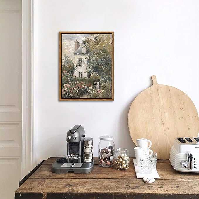 Floating Framed Canvas Vintage Wall Art, Neutral English Cottage Rose Garden Oil Paintings Print, Spring Pictures Wall Decor for Living Room Hallway Bedroom Office Rustic Decor 8x10 inch