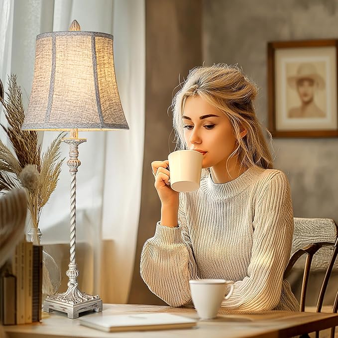 LuxSight European Country Vintage Style Candle Stick Buffet Table Lamps Set of 2, 33'' Tall Ivory White Linen Fabric Soft Bell Shade Stepless Dimming for Living Room Bedroom Dinning House Study Room