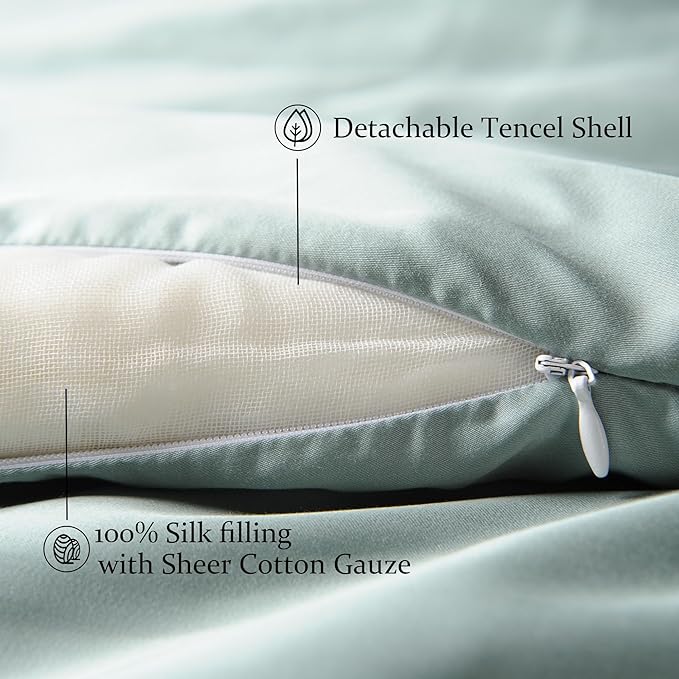 CUDDLE DREAMS Silk Filled Comforter for All Season, Detachable Tencel Duvet Cover for Easy Care, Naturally Breathable (Celadon, Queen)