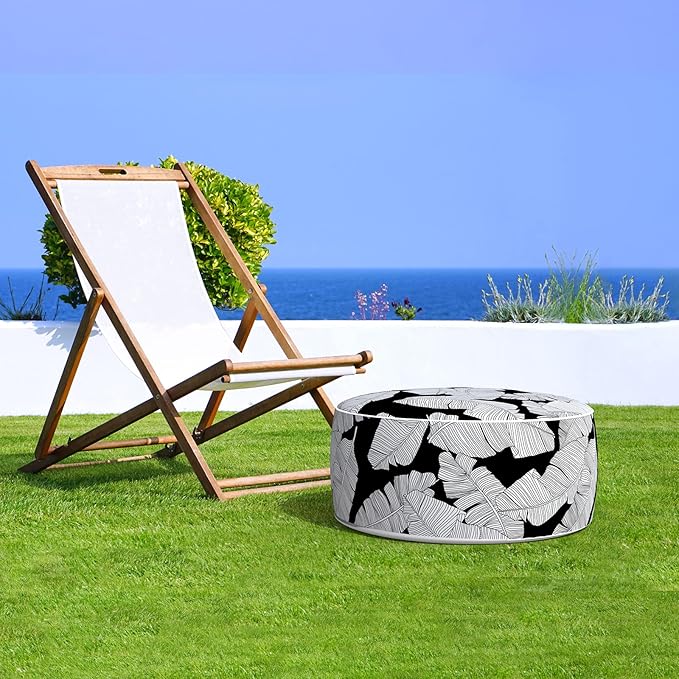 LVTXIII Inflatable Stool Ottoman Footrest with Handle, Indoor or Outdoor Foot Rest for Home Patio Garden and Camping, D21 x H9, Black Lush Leaf Jungle