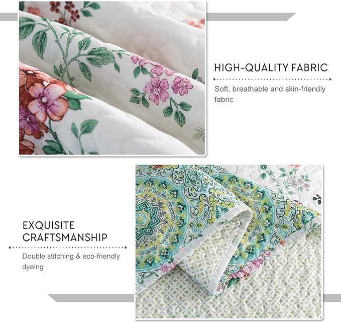 Travan 3-Piece Quilt Set Quilted Bedspread Lightweight Coverlet Set Garden Style Floral Printed Oversized Quilted Bedding Set with Shams for All Season, Exquisite, Queen Size