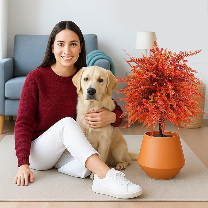 Artificial Topiary Ball Trees with Ground Spikes UV Resistant Faux Greenery Shrubs Fake Shrubs for Outdoors, Realistic Faux Plants Bushes for Garden Porch Yard Patio Decor (Orange Fern)