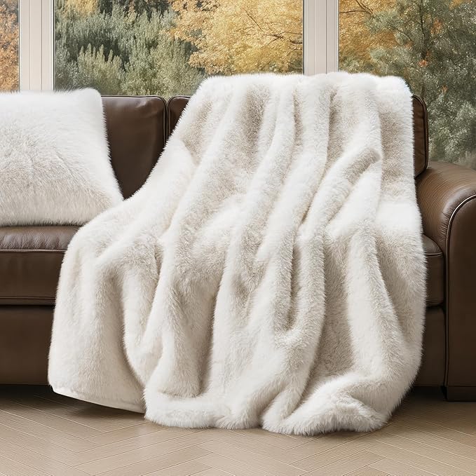 Luxury Faux Fur Throw Blanket, Soft Fluffy Faux Mink Blankets for Bed, Couch, Sofa, Thick Cozy Plush Warm Fur Throws with Reversible Velvet, Ivory Mink, 60"x80"