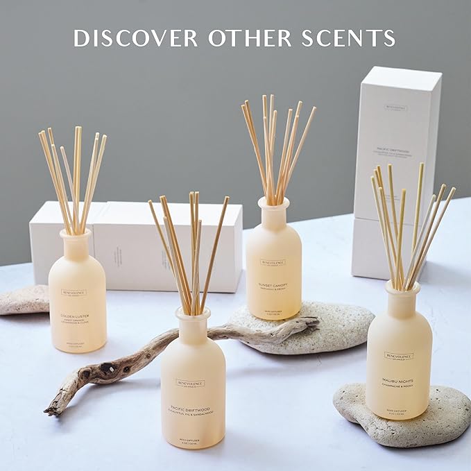 Benevolence LA Reed Diffuser - Champagne & Peony | Luxurious Home & Bathroom Decor | Long-Lasting Scent Diffusers for Home - Malibu Sands Collection