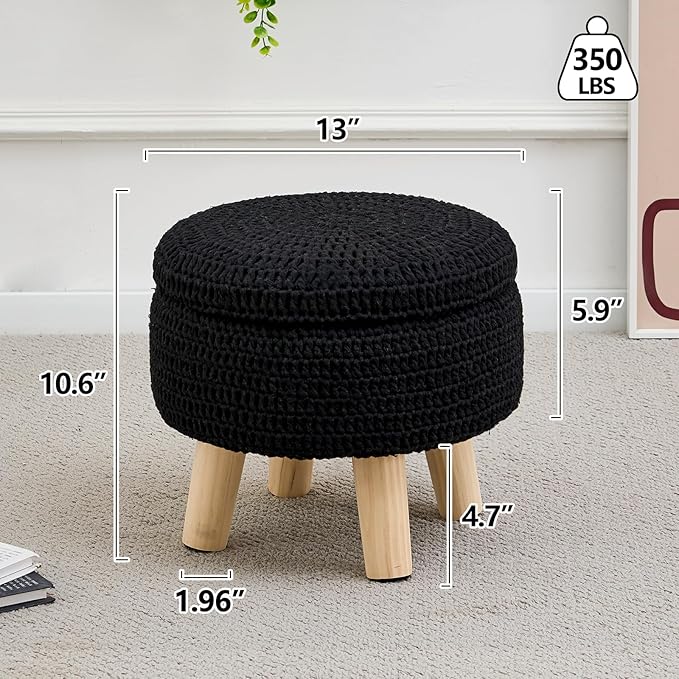 Wimarsbon Pouf Ottoman, 100% Cotton Knitted Boho Footstool, Round Footrest with Non-Skid Wood Legs, Home Décor Handmade Pouffe, Leisure Floor Step Stool for Living Room (Storage Black)