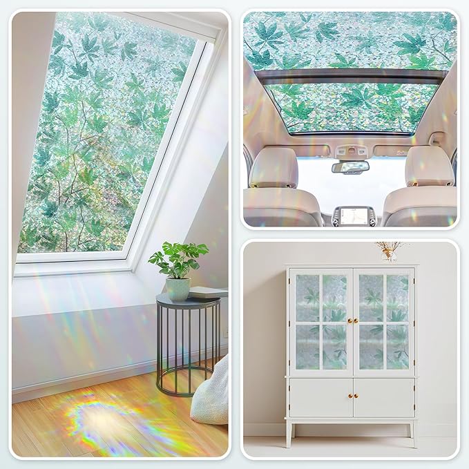 Haton Window Privacy Film, Decorative Stained Glass Window Clings, 3D UV Sun Blocking Sticker, Removable Static Cling Heat Control Tint for Home Door, Leaf Rainbow, 17.5" x 157.4" Non-Adhesive