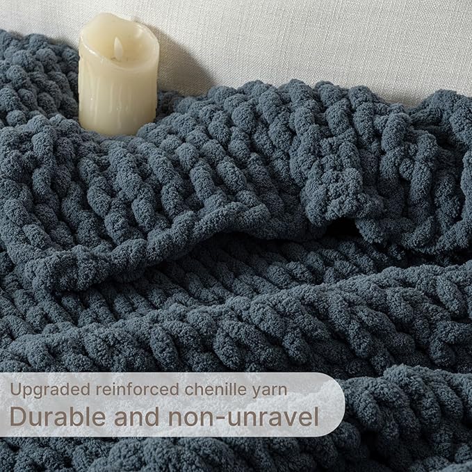 Chunky Knit Blanket Throw, 100% Hand Knit Throw Blanket Handmade Chenille Cable Knit Throw for Couch, Stylish Cozy Soft Rope Knot Crochet Blanket for Home Decor, Blue Mirage, 40x50 Inches
