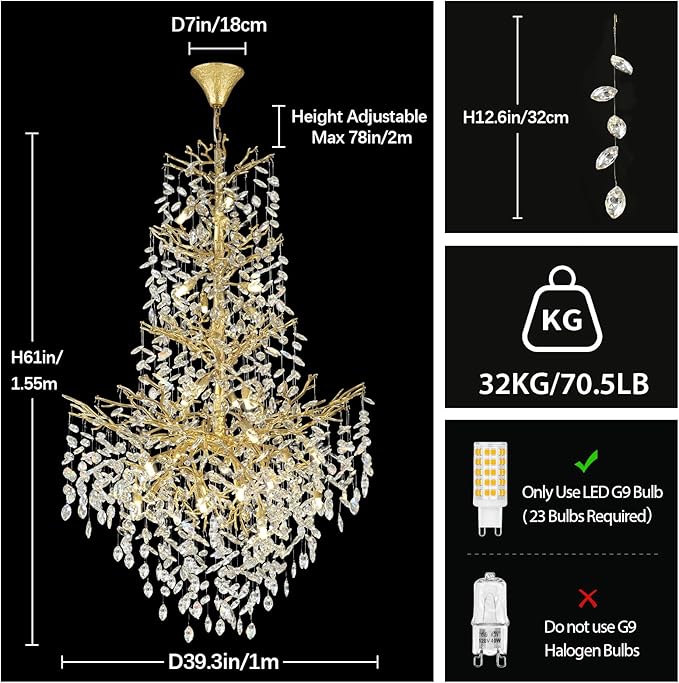 H61'' Gold Crystal High Ceilings Chandeliers Staircase Chandeliers Modern Crystal Tree Branch Chandelier, D40'' Foyer Chandelier for High Ceiling Luxury Large Living Room Chandelier, 23-Lights
