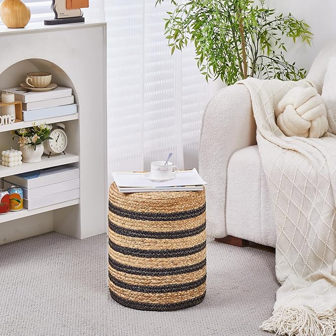 Wimarsbon Ottoman Natural Seagrass Foot Rest Stool Hand Weave Round Foot Stool Pouf Boho Vanity Stools with Non-Skid Mat for Living Room Bedroom Hallway