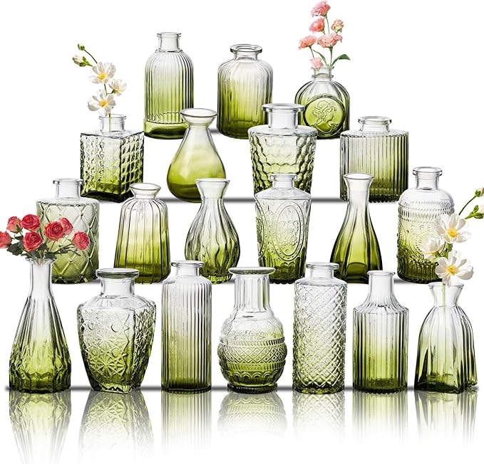 Glass Bud Vase Set of 20, Small Flower Vases, Glass Vases for Centerpieces, Vintage Home Table Decorations Bud Vases (20 Pcs, Green)