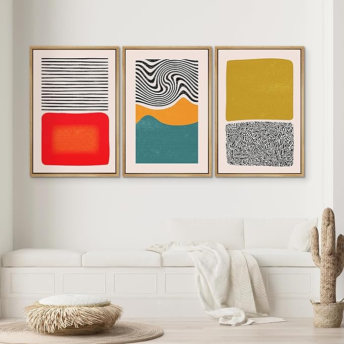 SIGNWIN Framed Canvas Print Wall Art Set Mid-Century Color Blocks & Spirals Abstract Shapes Illustrations Modern Art Contemporary Minimal Ultra for Living Room, Bedroom, Office - 24"x36"x3 Natural