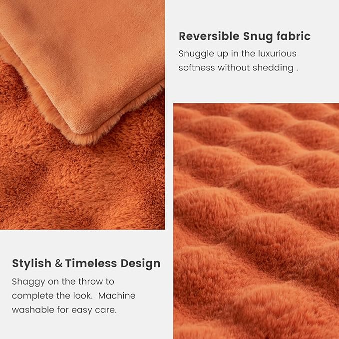 Cozy Bliss Faux Fur Throw Blanket for Couch, Fuzzy Soft Plush Thick Bubble Blanket for Sofa Bedroom Living Room, 50 * 60 Inches Burnt Orange