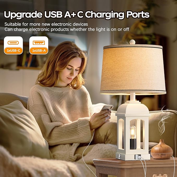 QiMH Table Lamp for Living Room, Farmhouse Lamps with USB A+C and Nightlight, 26" Rustic Bedside Lamps with 3-Way Dimmable Touch Control, Nightstand Lamp for Bedroom, White, 1 Pack
