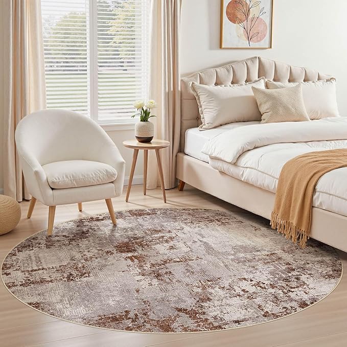 Tortania Washable 4' Round Area Rug for Living Room: Modern Abstract Neutral Large So' Thin Rugs - Non Slip Indoor Carpet for Bedroom Dining Room Office Nursery Home Floor Decoration - Brown