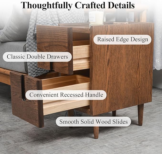 Mid Century Modern Nightstand, Narrow Nightstand, Minimalist Side Table for Bedroom, 2-Drawer Bedside Tables (Walnut, 9.84inches)