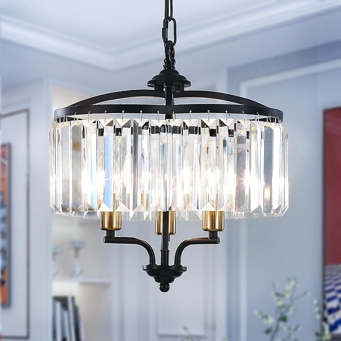 Modern Crystal Chandelier Dining Room Black Gold Farmhouse Glass Pendant Light Fixture 3 Light Adjustable Hanging for Kitchen Island Foyer Bedroom Living Room Hallway