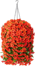 Artificial Fake Hanging Flowers Plants Baskets for Outdoor Fall Decoration, Faux Silk Orange Morning Glory in Planter UV Resistant Look Real for Home Porch Patio Balcony Yard Decor