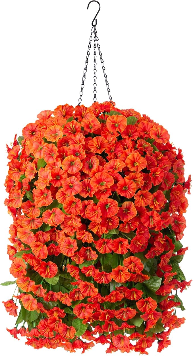 Artificial Fake Hanging Flowers Plants Baskets for Outdoor Fall Decoration, Faux Silk Orange Morning Glory in Planter UV Resistant Look Real for Home Porch Patio Balcony Yard Decor