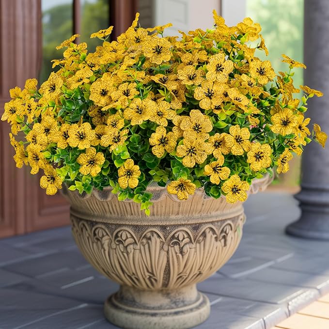 10 Bundles Artificial Faux Flowers for Outdoor,10Pcs Fake Flowers for Home Decor,Plastic Flowers Shrubs Lifelike Artificial Greenery Home Porch Stems Outside Decor(Yellow