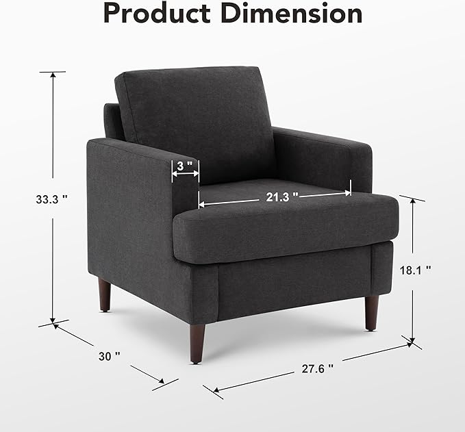 Mid-Century Accent Chair,Modern Linen Fabric Armchair for Living Room,Comfy Upholstered Reading Accent Chairs for Bedroom,Single Sofa Chair with Wood Legs (Dark Grey, 2 Pack)