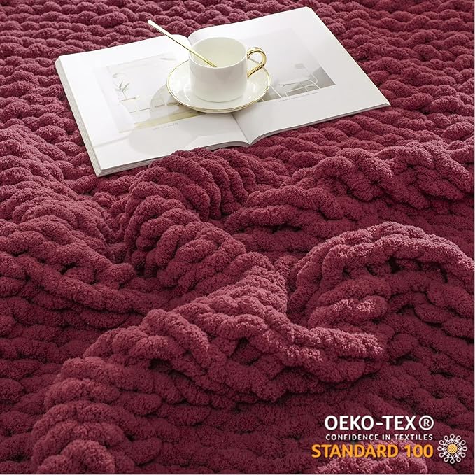 WESHIONGOO Chunky Knit Blanket Throw 50"×60" Knitted Throw Blankets for Couch Bed Fluffy Soft Blanket with Jumbo Chenille Yarn Thick 100% Handmade(Burgundy Red)