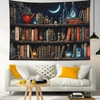 LB Fantasy Bookshelf Tapestry, Horror Spider and Vintage Book with Moon Wall Tapestry for Bedroom Aesthetic, Trippy Galaxy Wall Art for Living Room Dorm Home Decor Ready to Hanging, 92.5 x 70.9 Inches