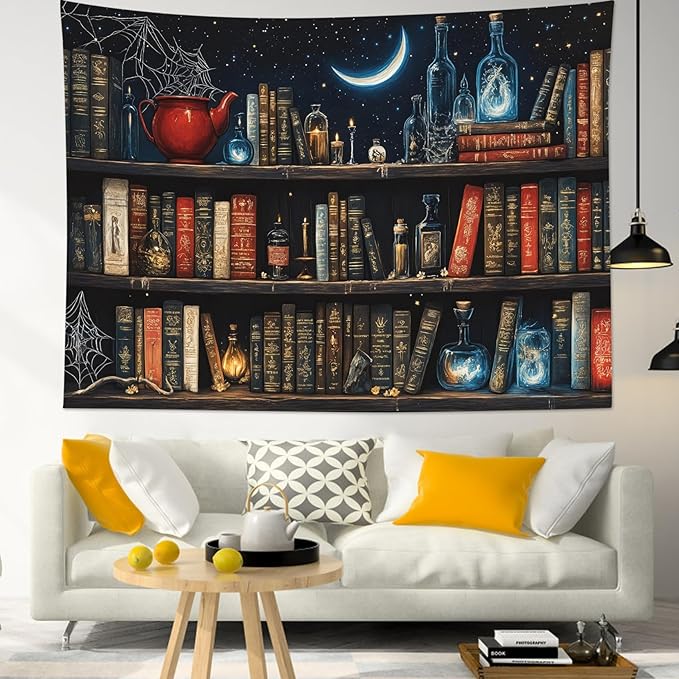 LB Fantasy Bookshelf Tapestry, Horror Spider and Vintage Book with Moon Wall Tapestry for Bedroom Aesthetic, Trippy Galaxy Wall Art for Living Room Dorm Home Decor Ready to Hanging, 48 x 36 Inches