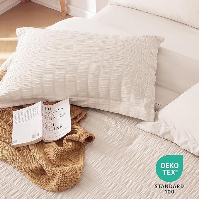 MUXHOMO 7 Pieces King Comforter Set, Seersucker Bed in a Bag King Size, All Season Luxury Bedding Set with Comforter, Flat Sheet, Fitted Sheet, Pillowcases & Shams, Beige