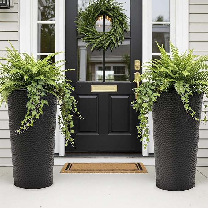 Worth Garden 2-Pack 28" H. Metal Planter with 2X Inside Pots - Hand-Hammered Texture Tall Narrow Tapered Plant Pots - Large Handcrafted Flower Pot for Indoor Outdoor, Deck, Patio, Front Porch (Black)