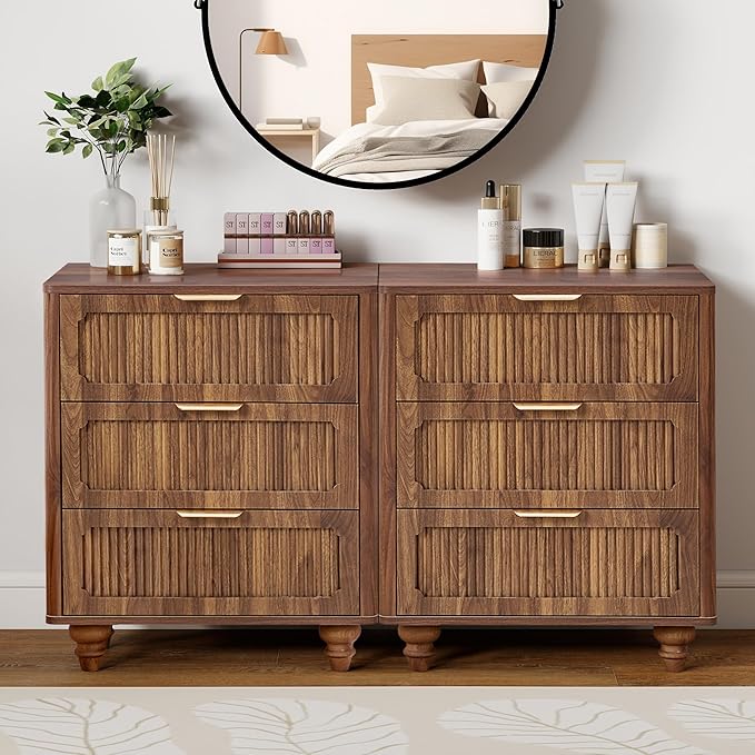 Fluted Nightstand Set 2 22.9'' Wood Nightstands with Drawers Bedside Table Set of 2 Mid Century Drawer Dresser for Bedroom Living Room Walnut