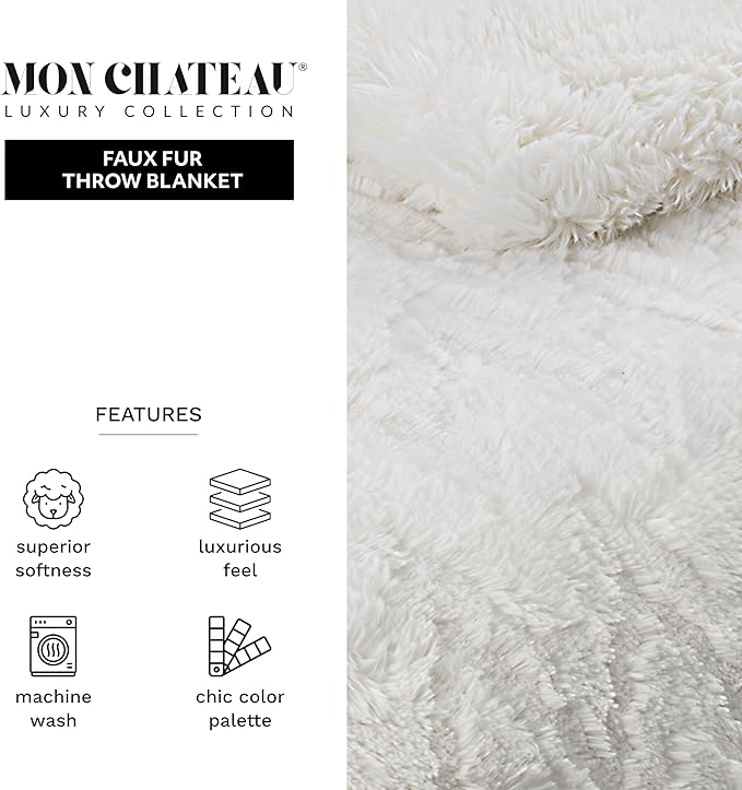 Mon Chateau Premium Reversible Queen Size Luxury Faux Fur Throw for Couch, Sofa, or Queen Size Bed - Plush Cozy Soft Blanket for Sleeping or Home Décor, 60" x 70" (Ivory Jacquard)