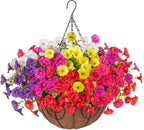 Artificial Faux Hanging Flowers Plants Basket for Outdoors, Silk Morning Glory with Eucalyptus in Planter Look Real UV Resistant Fake Flowers for Porch Outside Patio Balcony Yard Indoor Summer Decor