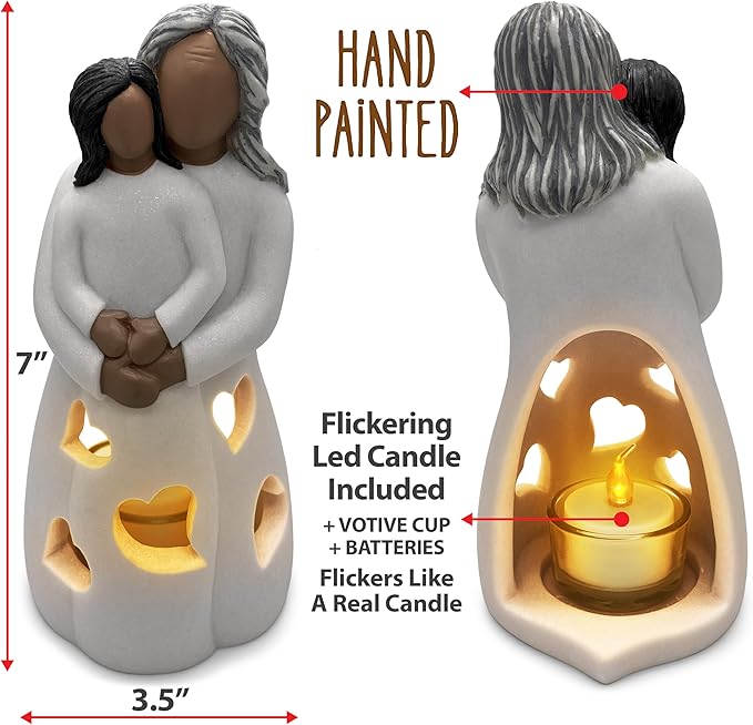 Grandma-Granddaughter Hand-Painted Candle Holder Statue W/Flickering LED Candle | Unique Nana Present Ideas for Christmas, Gigi Grandmother Birthday Gift, Greeting Card Included (Dark)
