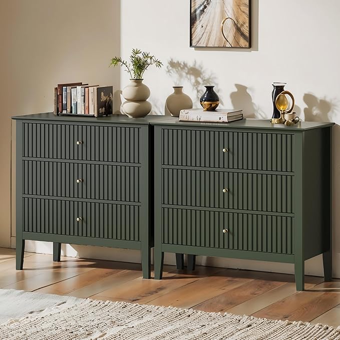 Large Green Fluted 3 Drawer Dresser Set of 2, Chest of Drawers with Ball Bearing Slide Modern 30 inch Tall Wood Nightstand with Spacious Storage for Bedroom Hallway Living Room Entryway