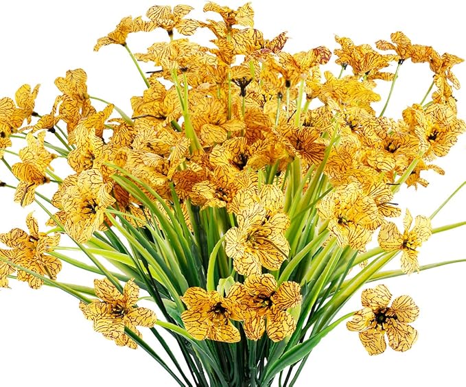 12 Bundles Artificial Flowers Outdoor UV Resistant Flowers No Fade Faux Plastic Plants Garden Porch Window Box Decorating (Yellow)