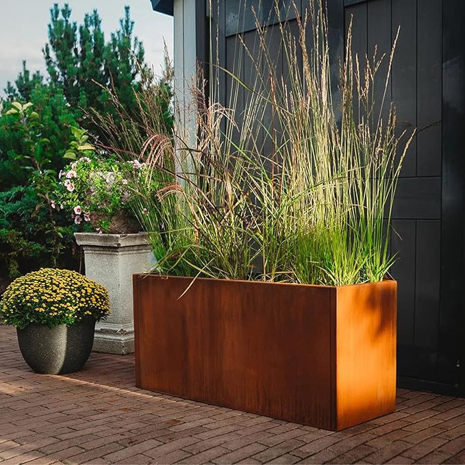 Corten Steel Corner Metal Planter Box Garden Steel Planter Pot for Patio Modern Farmhouse Rustic Design (L36 x W12 x D16, Rusted)