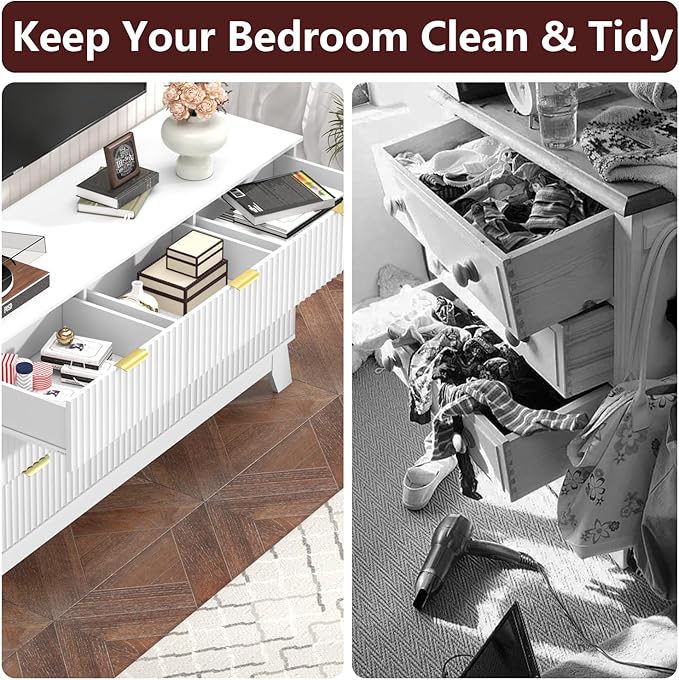 Fluted Dresser for Bedroom,9 Drawer Dresser for Closet,57" Wide Storage Cabinet and Chest of Drawers with Gold Handle,TV Stand,Storage Organizer for Living Room,Hallway,Entryway,White