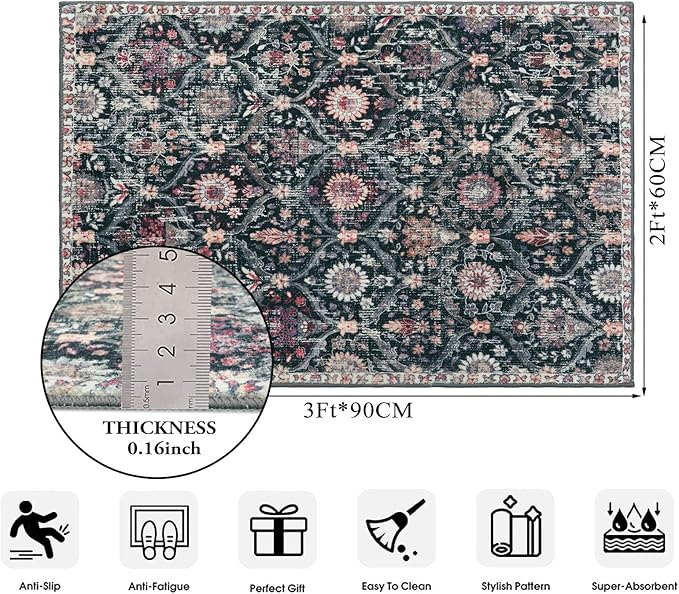 Lahome Moroccan Trellis Washable Rug, 2x3 Entryway Rugs for Kitchen Bathroom, Non-Slip Indoor Door Mat Ultra-Thin, Small Oriental Throw Carpet for Bedroom Entry, Black/Multi