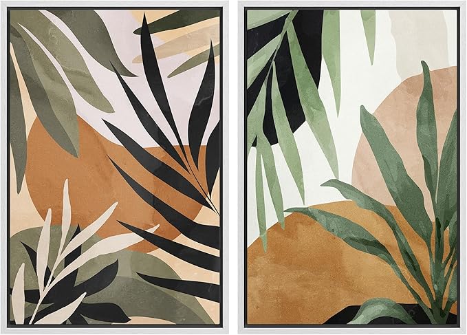 SIGNFORD Framed Canvas Print Wall Art Set Tropical Island Palm Leaf Geometric Collage Abstract Nature Illustrations Modern Art Decorative Minimalist Floral Botanical for Bedroom - 24"x36"x2 White