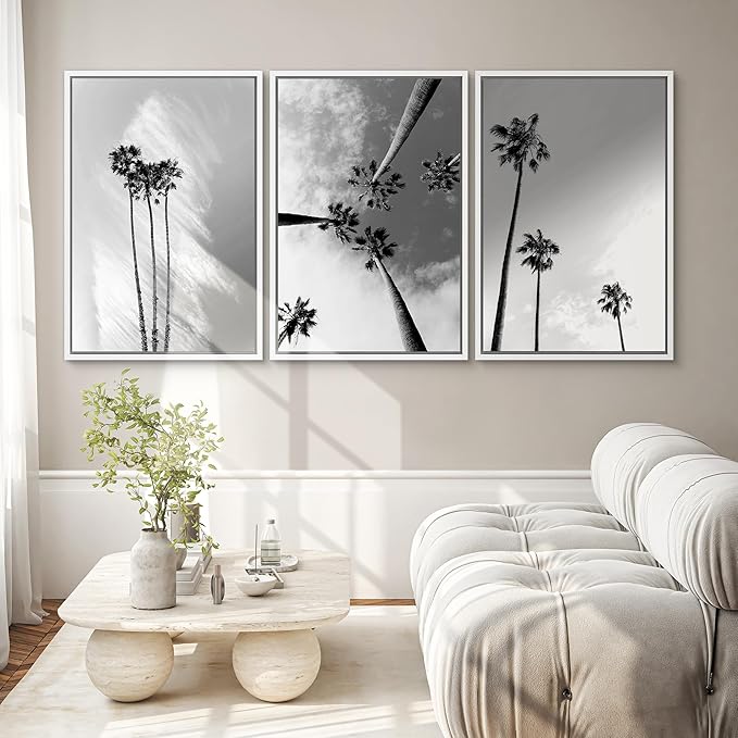 SIGNWIN 3 Piece Framed Canvas Wall Art Black and White Palm Tree Canvas Prints Home Artwork Decoration for Living Room,Bedroom - 24"x36"x3 White
