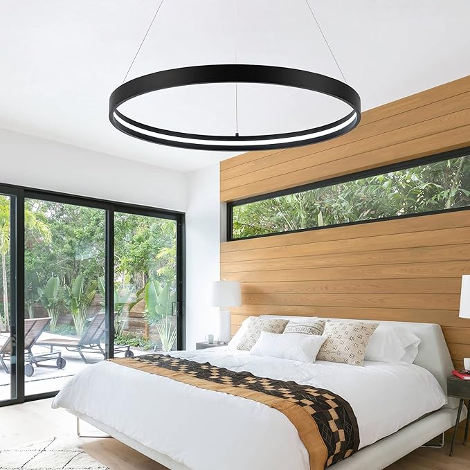 Modern Led Chandeliers Black, Dimmable Contemporary LED Chandeliers 1 Ring, Hanging Led Modern Pendant Light Fixture for Living Room Kitchen lsland Dining Room Foyer Office Entryway 6000k