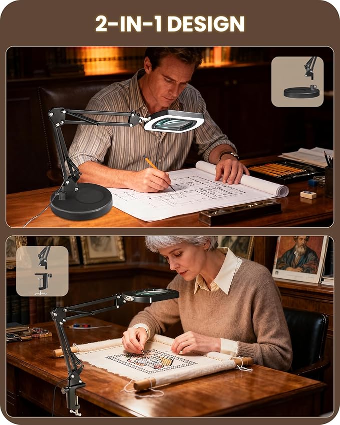 10X Round Magnifying Glass with Light and Stand, 2-in-1 LED Lighted Desk Lamp & Clamp, 5 Color Modes Stepless Dimmable, Hands-Free Magnifier Desk Lamp for Reading Craft Close Work B02DL05