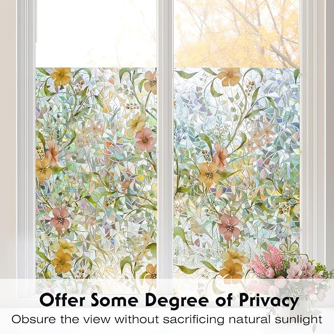Volcanics Stained Glass Window Film with Installation Tools, Rainbow Window Privacy Film, Decorative Window Clings for Glass Windows, Static Cling Sun Blocking Floral Decals, 17.5 x 78.7 Inch