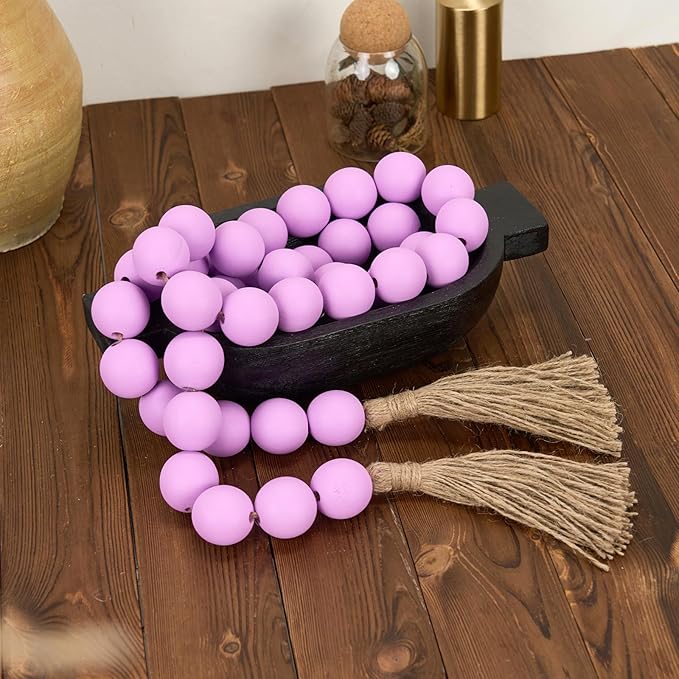 OMISHE 76" Long Large Wood Bead Garland with 1.6" Diameter Wooden Beads and Tassels, Rustic Farmhouse Country Wood Beads Garland for Home Tiered Tray Decor, Decorative Beads with Tassels Purple