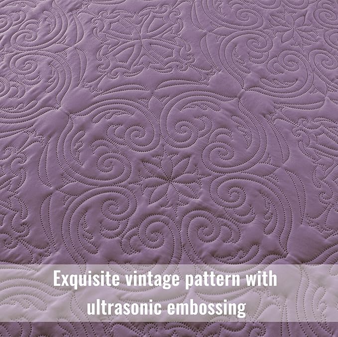 Exclusivo Mezcla Twin Quilt Bedding Set with 1 Pillow Sham, Lightweight Dusty Lavender Twin Size Quilt Bedspread with Vintage Damask Pattern, Soft Bedspreads Coverlets for All Seasons